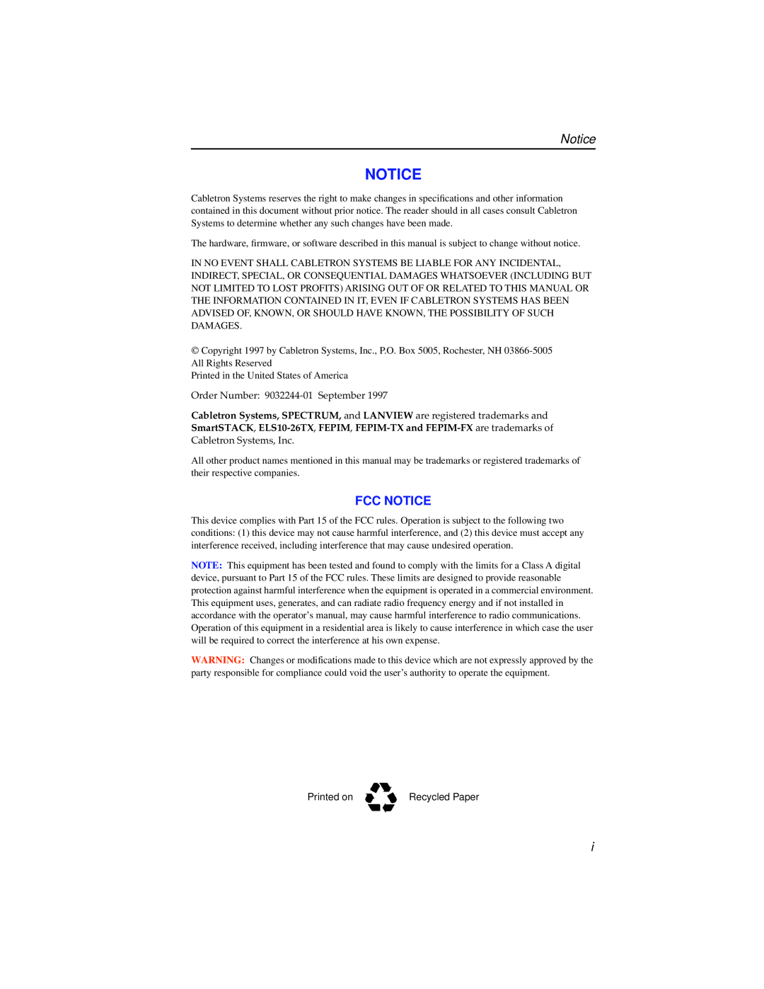 Cabletron Systems ELS10-26 manual Fcc Notice 