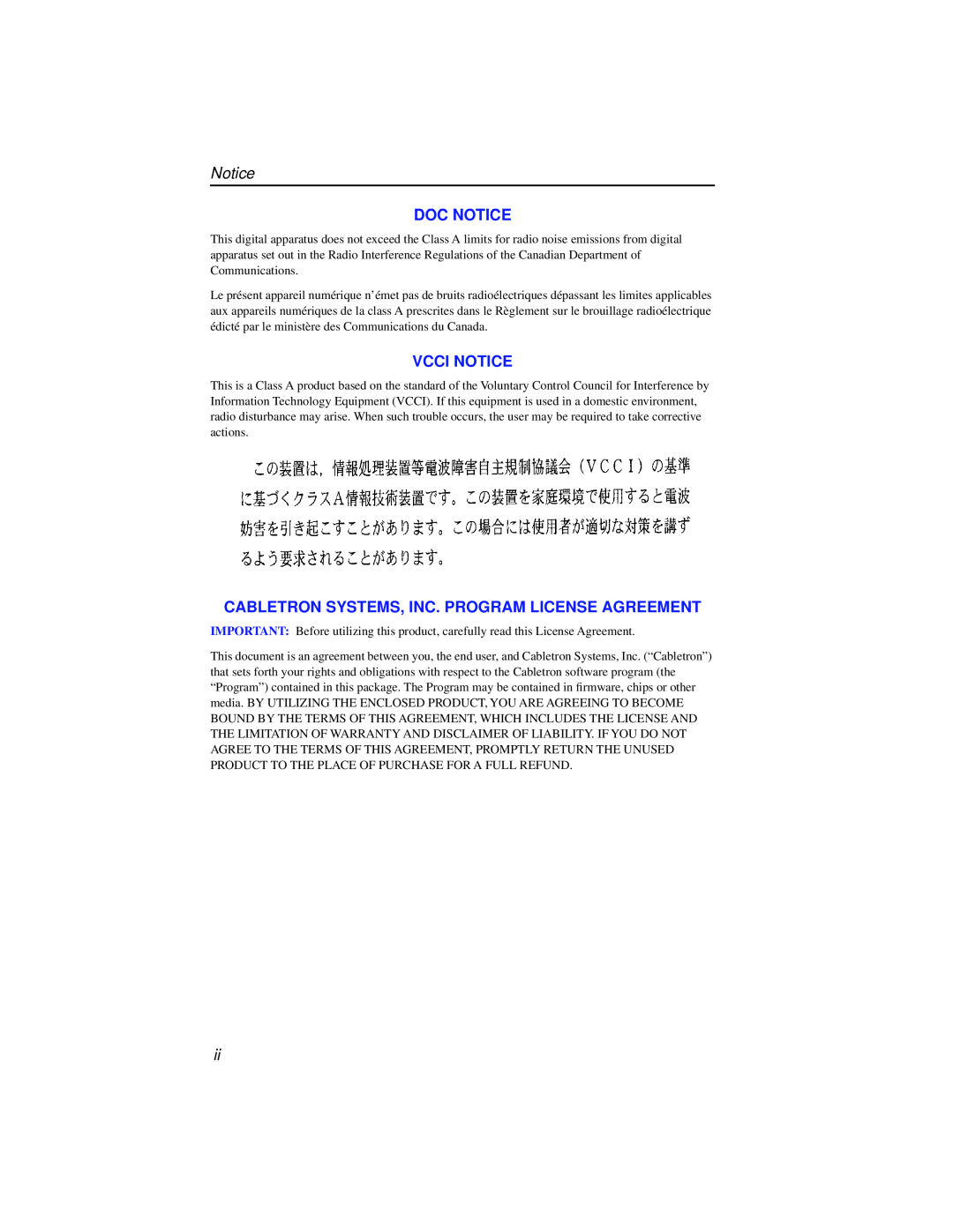 Cabletron Systems ELS10-26 manual Doc Notice, Vcci Notice, Cabletron Systems, Inc. Program License Agreement 