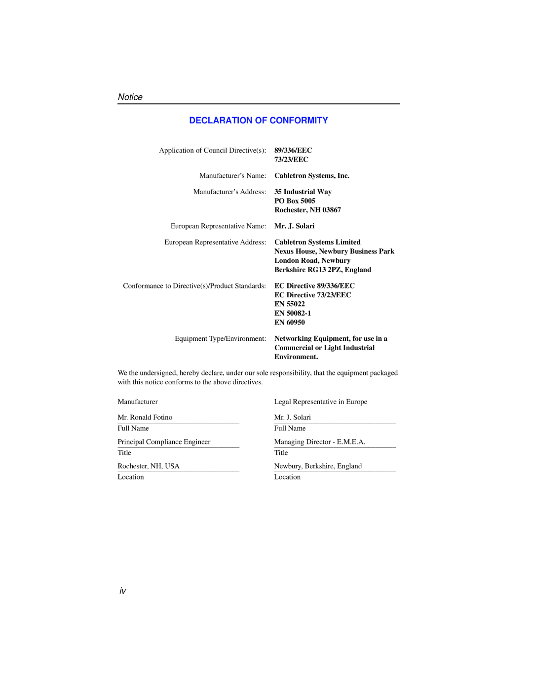 Cabletron Systems ELS10-26 manual Declaration Of Conformity 
