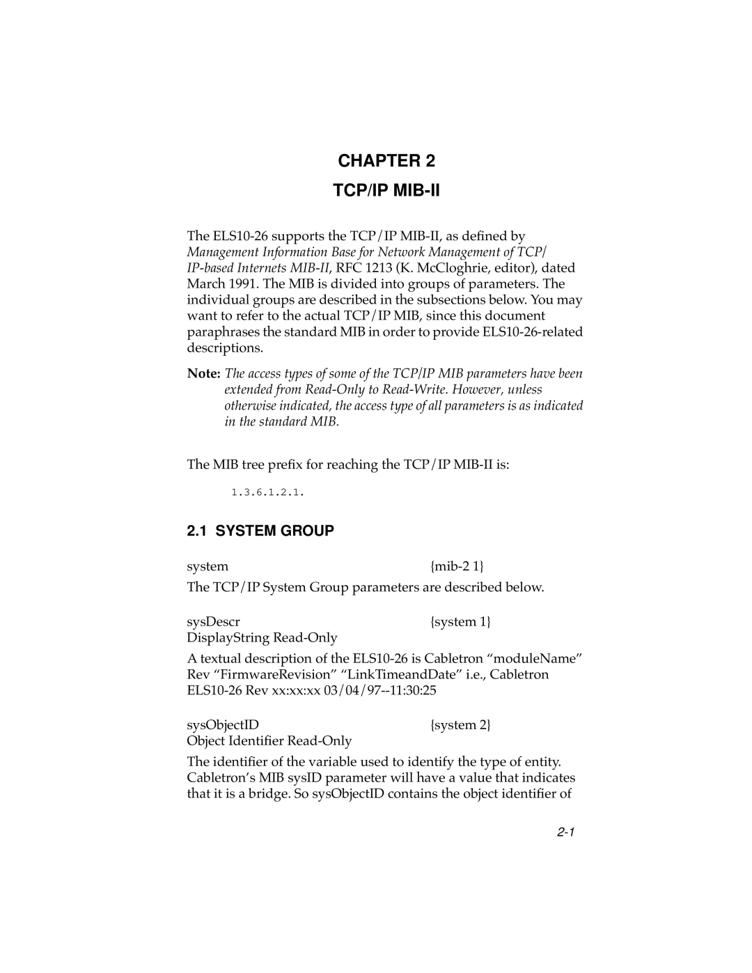 Cabletron Systems ELS10-26 manual Chapter TCP/IP MIB-II, System Group 