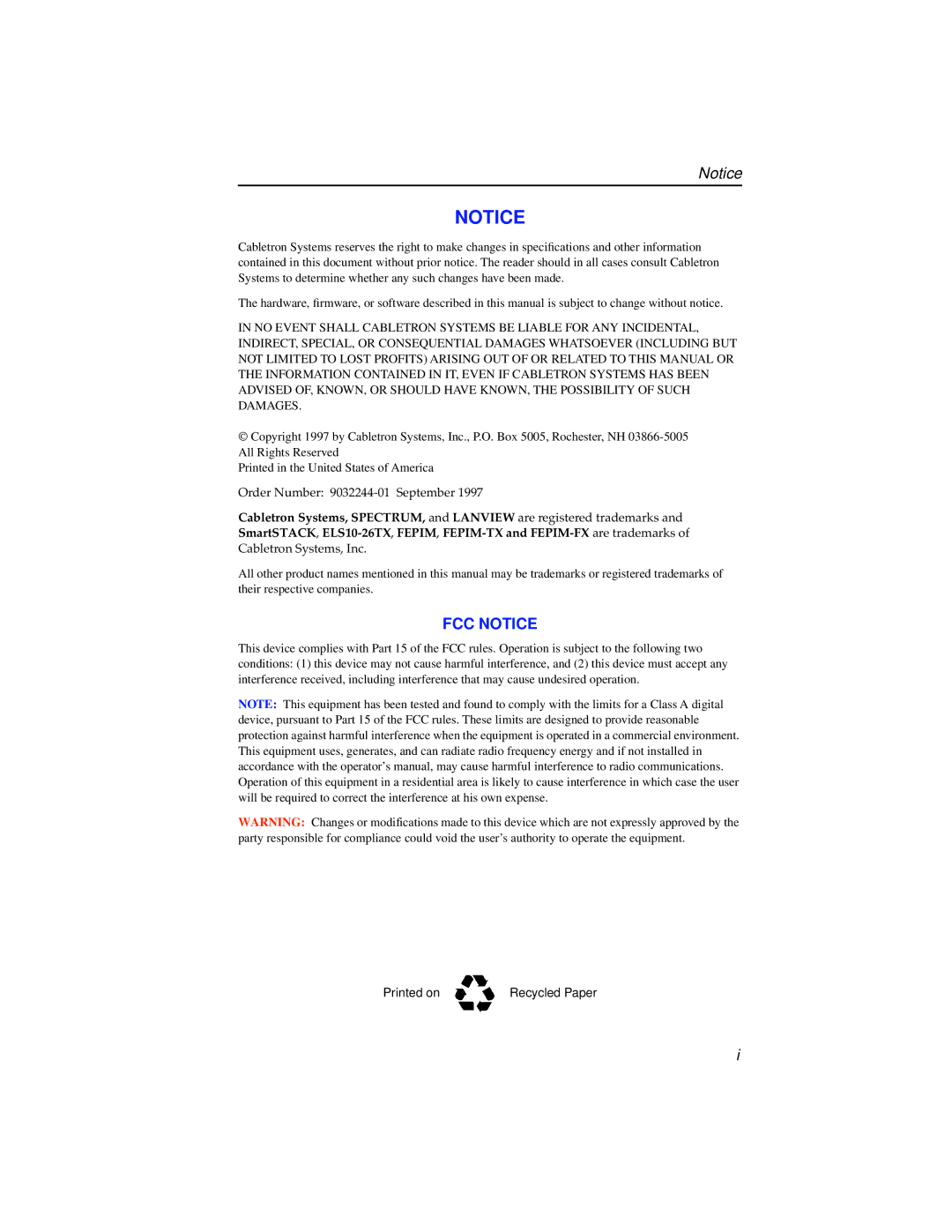 Cabletron Systems ELS10-26 manual FCC Notice 