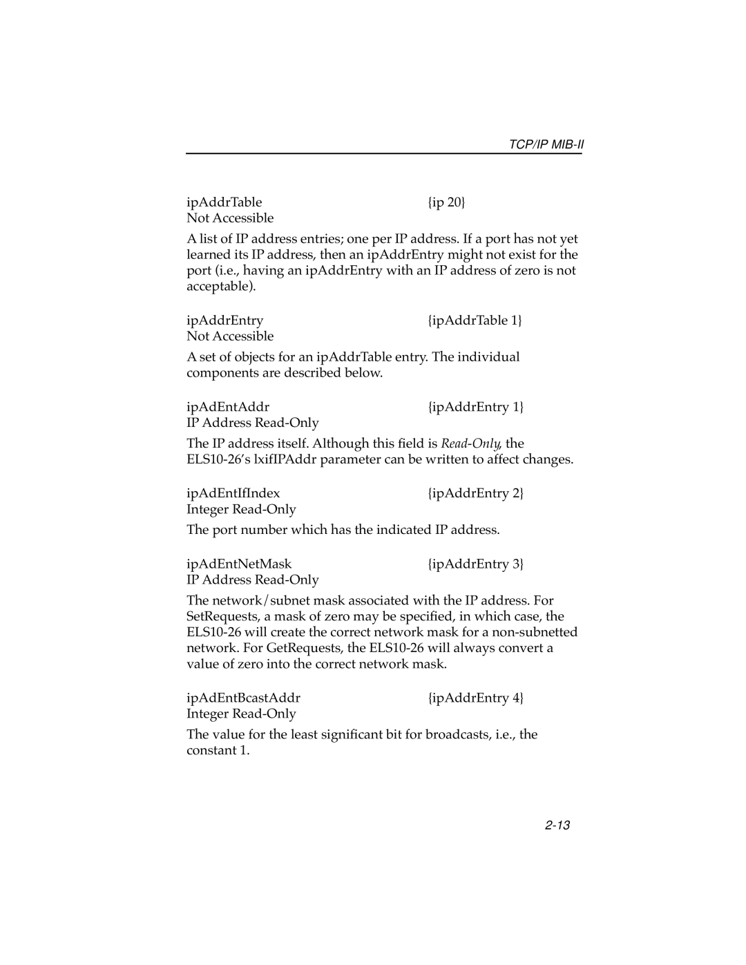 Cabletron Systems ELS10-26 manual Tcp/Ip Mib-Ii 