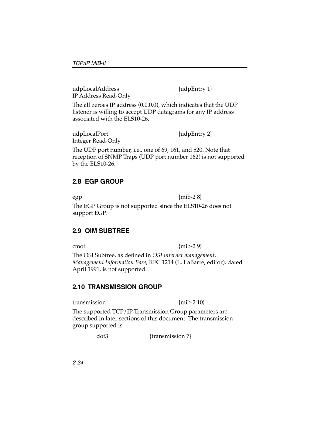 Cabletron Systems ELS10-26 manual EGP Group, OIM Subtree, Transmission Group 