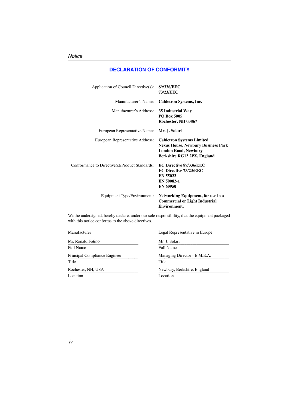 Cabletron Systems ELS10-26 manual Declaration of Conformity 