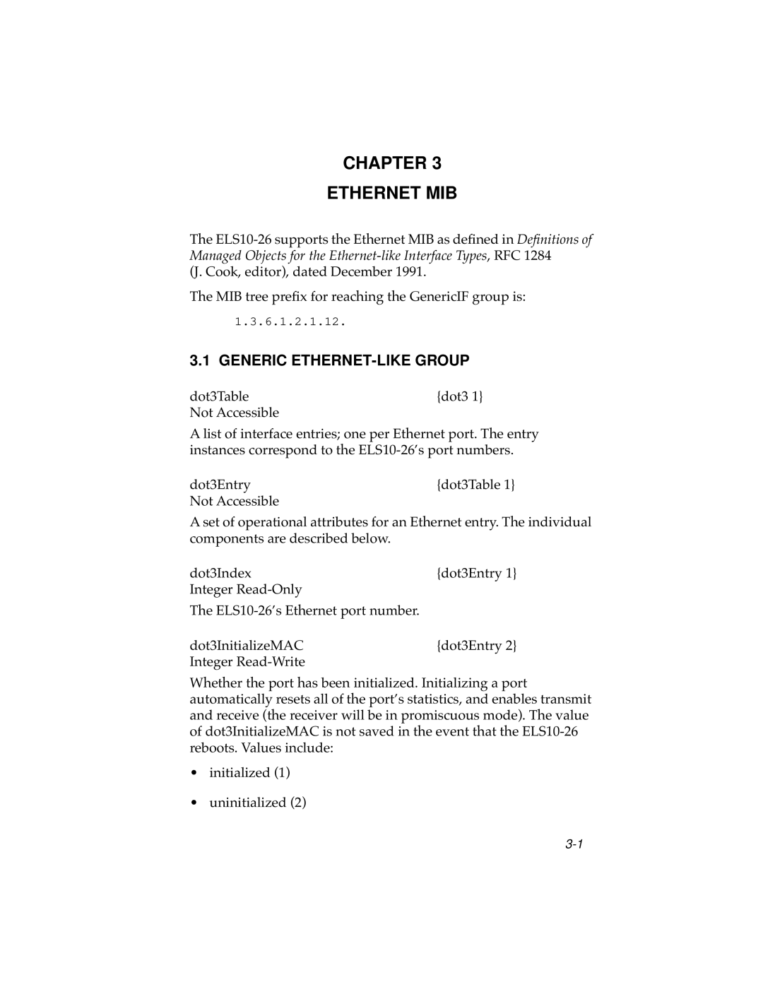 Cabletron Systems ELS10-26 manual Chapter Ethernet MIB, Generic ETHERNET-LIKE Group 