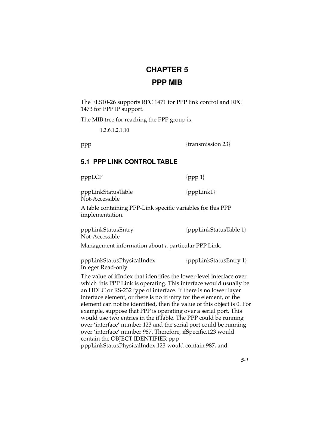 Cabletron Systems ELS10-26 manual Chapter PPP MIB, PPP Link Control Table 