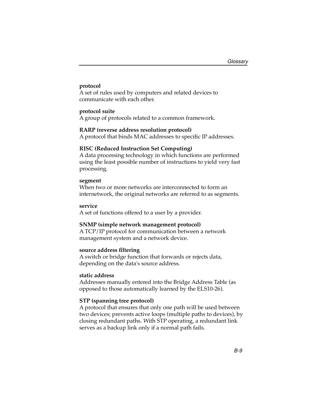 Cabletron Systems ELS10-26TX manual Protocol suite, Rarp reverse address resolution protocol, Segment, Service 