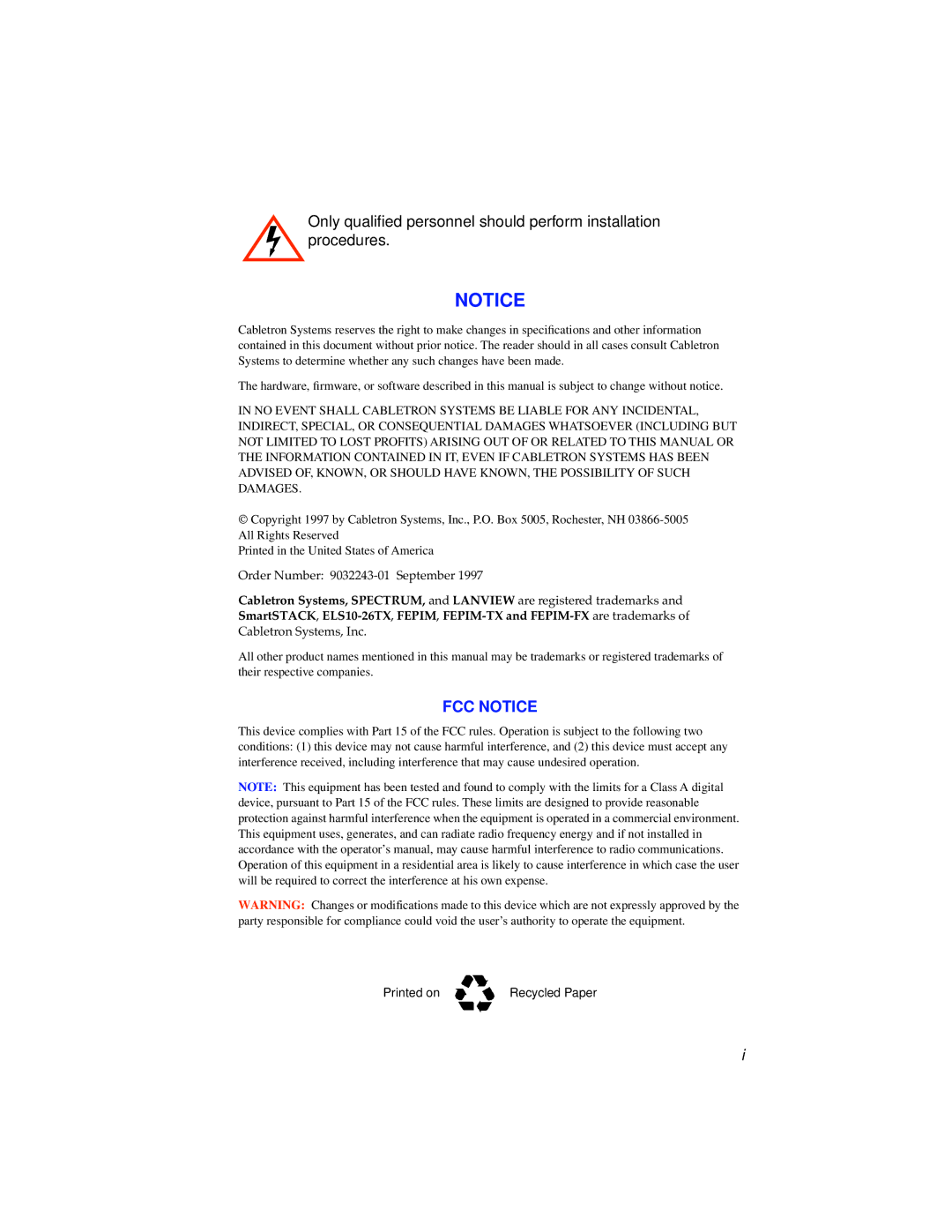 Cabletron Systems ELS10-26TX manual FCC Notice 