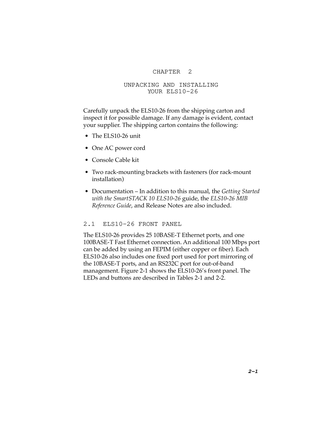 Cabletron Systems ELS10-26TX manual Chapter Unpacking and Installing Your ELS10-26, ELS10-26 Front Panel 