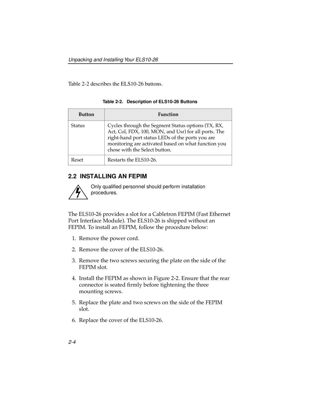 Cabletron Systems ELS10-26TX manual Installing AN Fepim, Describes the ELS10-26 buttons 