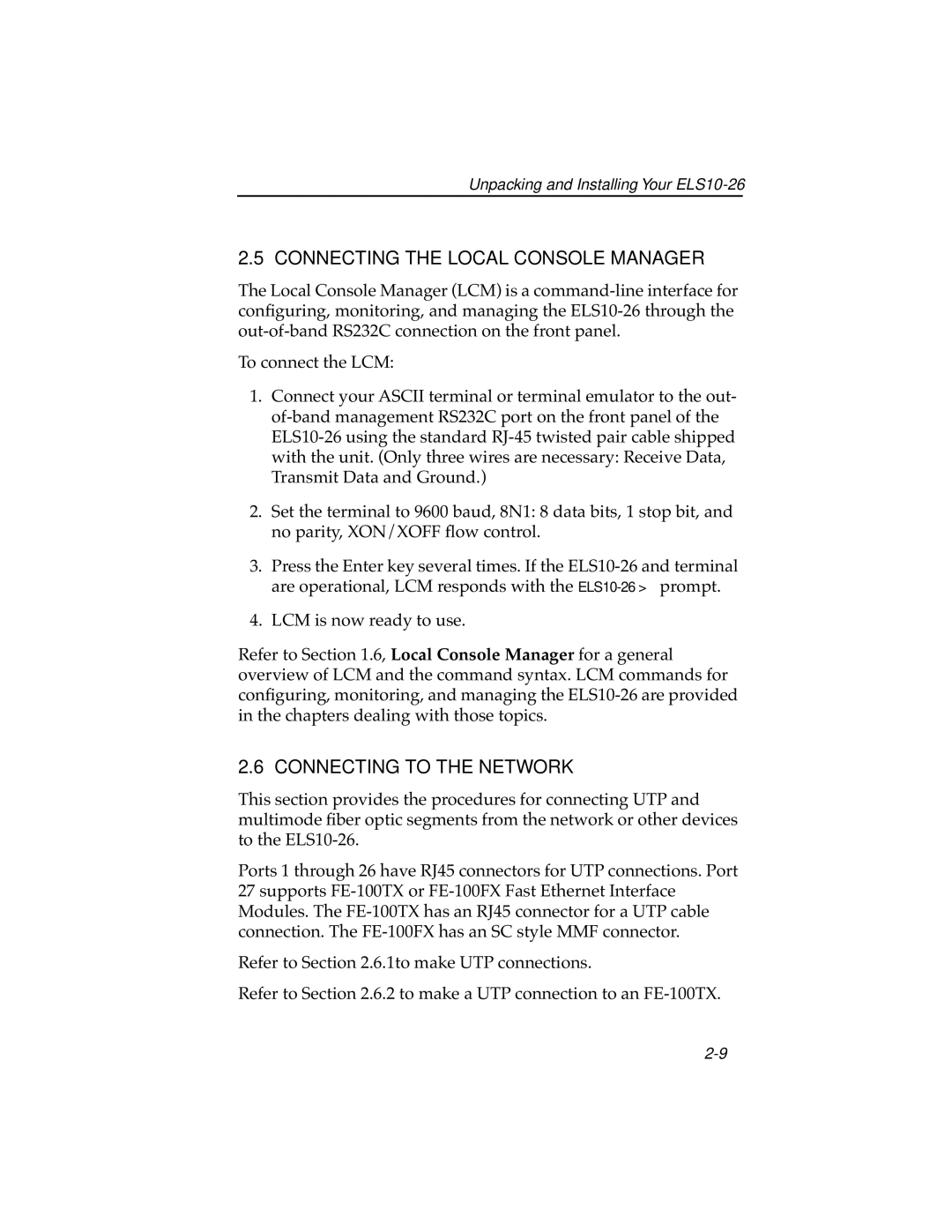 Cabletron Systems ELS10-26TX manual Connecting the Local Console Manager, Connecting to the Network 