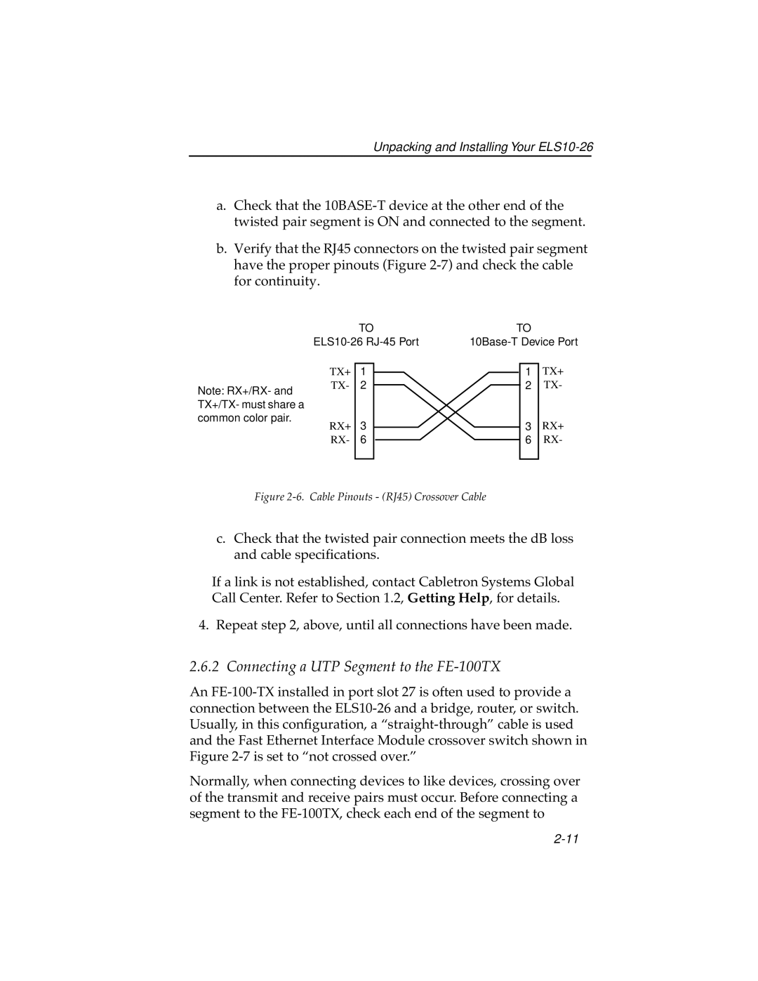 Cabletron Systems ELS10-26TX manual Connecting a UTP Segment to the FE-100TX, Cable Pinouts RJ45 Crossover Cable 