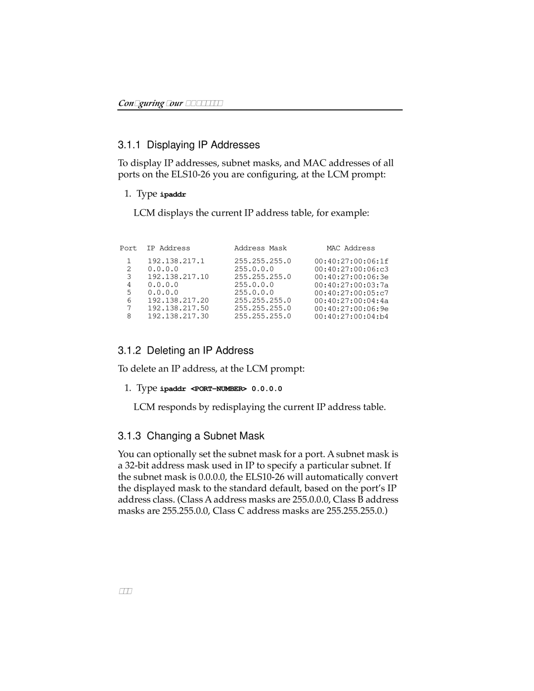 Cabletron Systems ELS10-26TX manual Displaying IP Addresses, Deleting an IP Address, Changing a Subnet Mask 