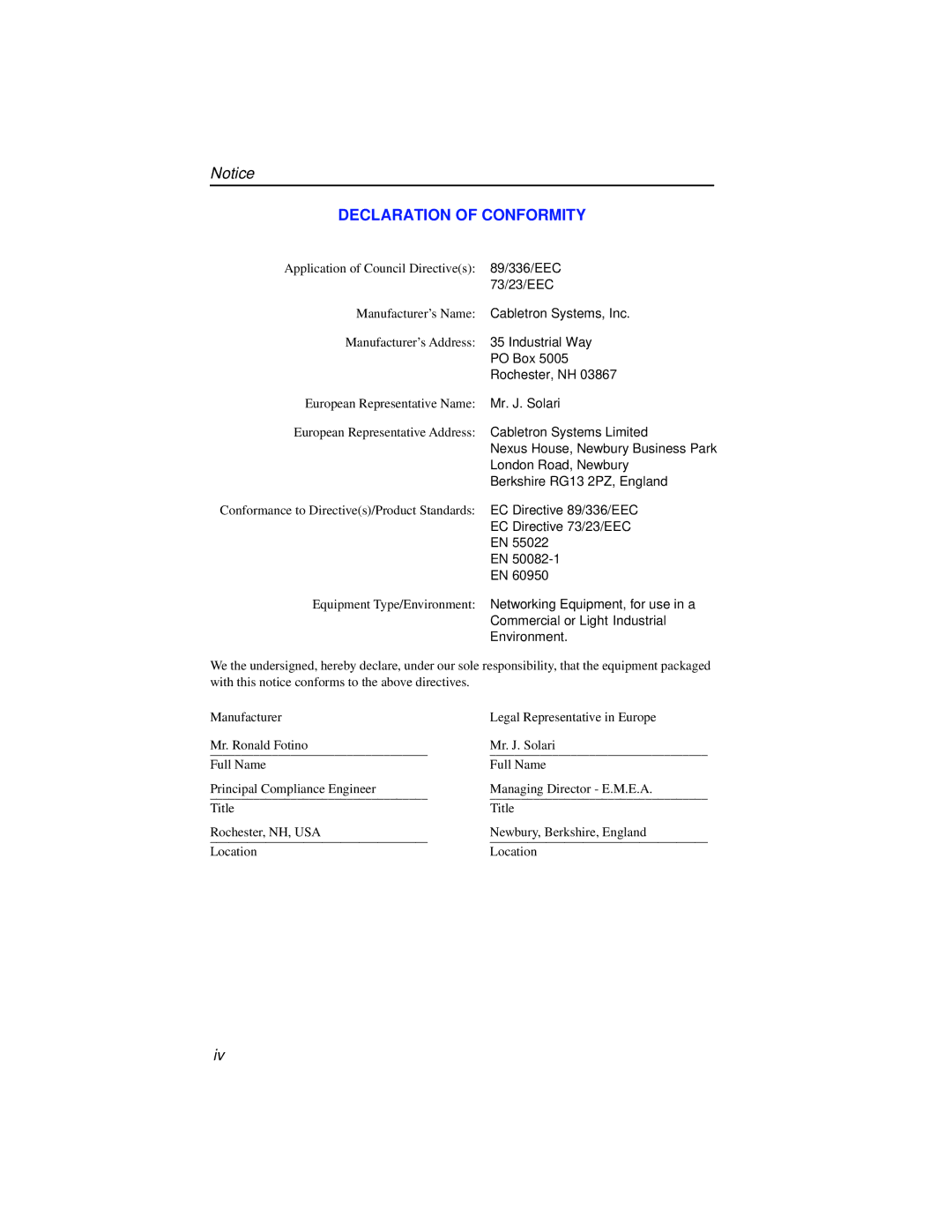 Cabletron Systems ELS10-26TX manual Declaration of Conformity 