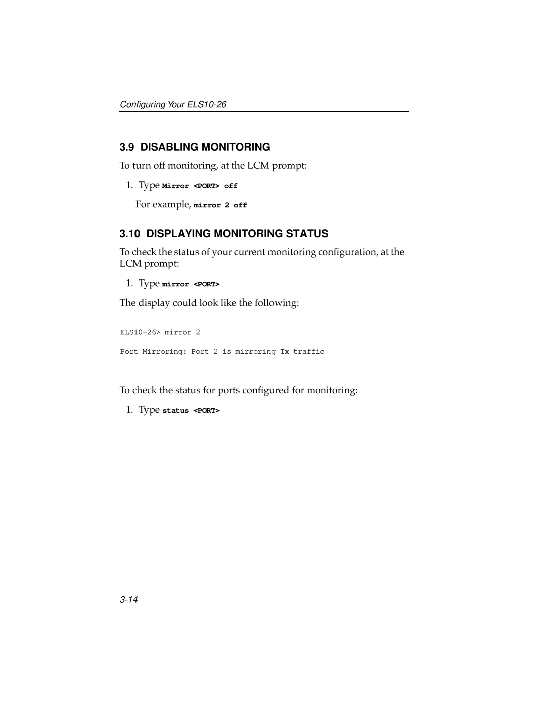 Cabletron Systems ELS10-26TX manual Disabling Monitoring, Displaying Monitoring Status 