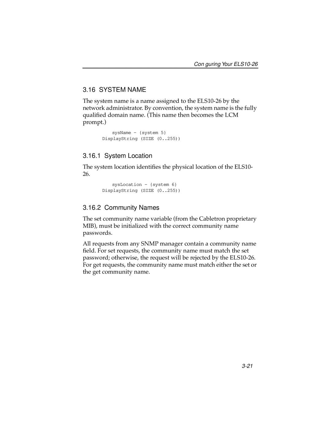 Cabletron Systems ELS10-26TX manual System Name, System Location, Community Names 