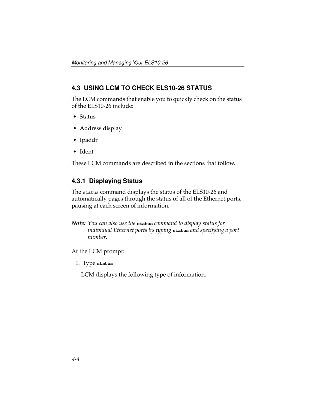 Cabletron Systems ELS10-26TX manual Using LCM to Check ELS10-26 Status, Displaying Status 