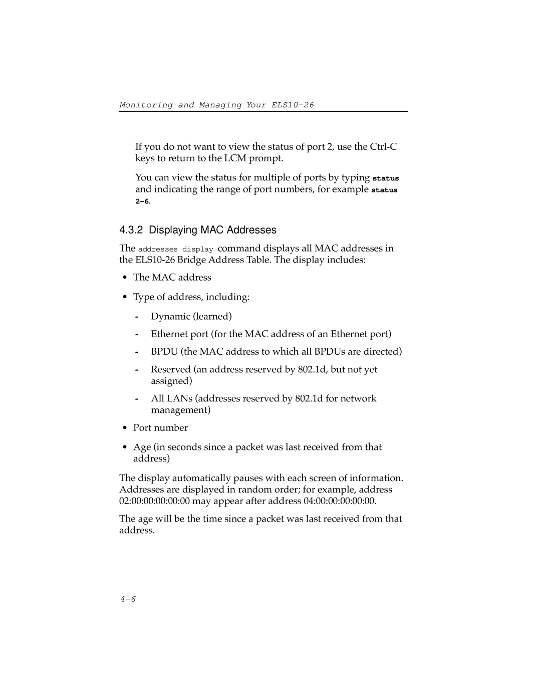 Cabletron Systems ELS10-26TX manual Displaying MAC Addresses 