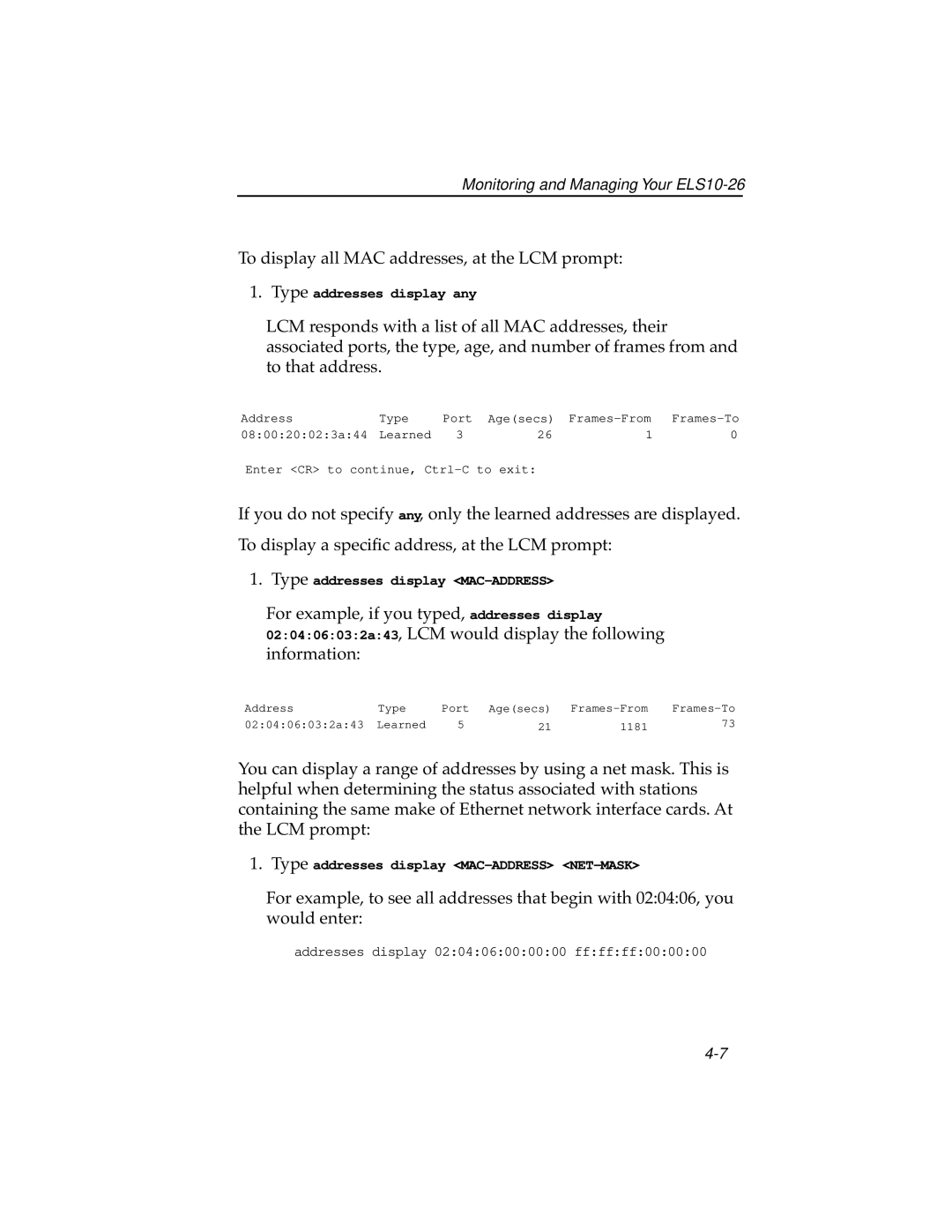 Cabletron Systems ELS10-26TX manual To display all MAC addresses, at the LCM prompt 