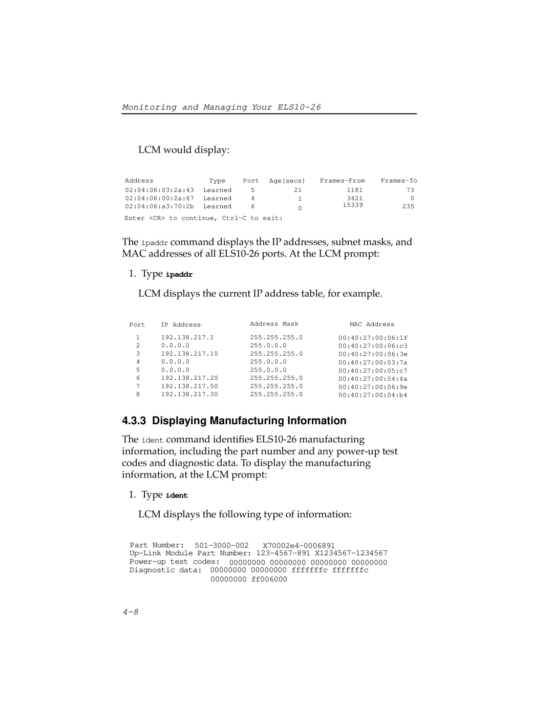 Cabletron Systems ELS10-26TX manual Displaying Manufacturing Information, LCM would display 