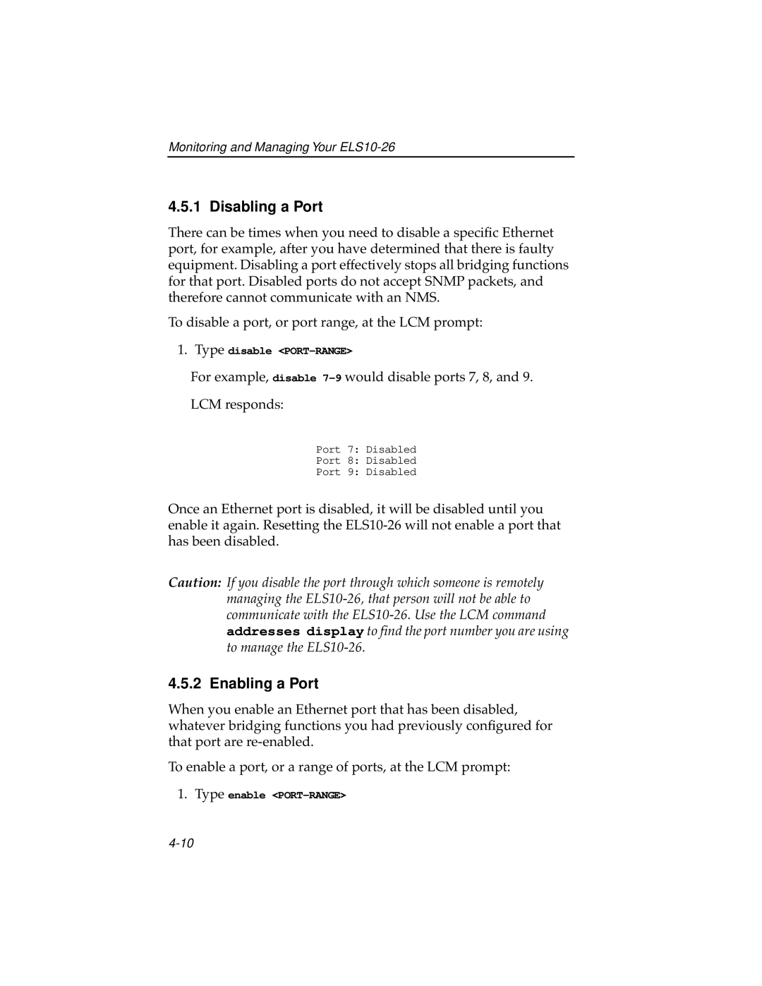 Cabletron Systems ELS10-26TX manual Disabling a Port, Enabling a Port 