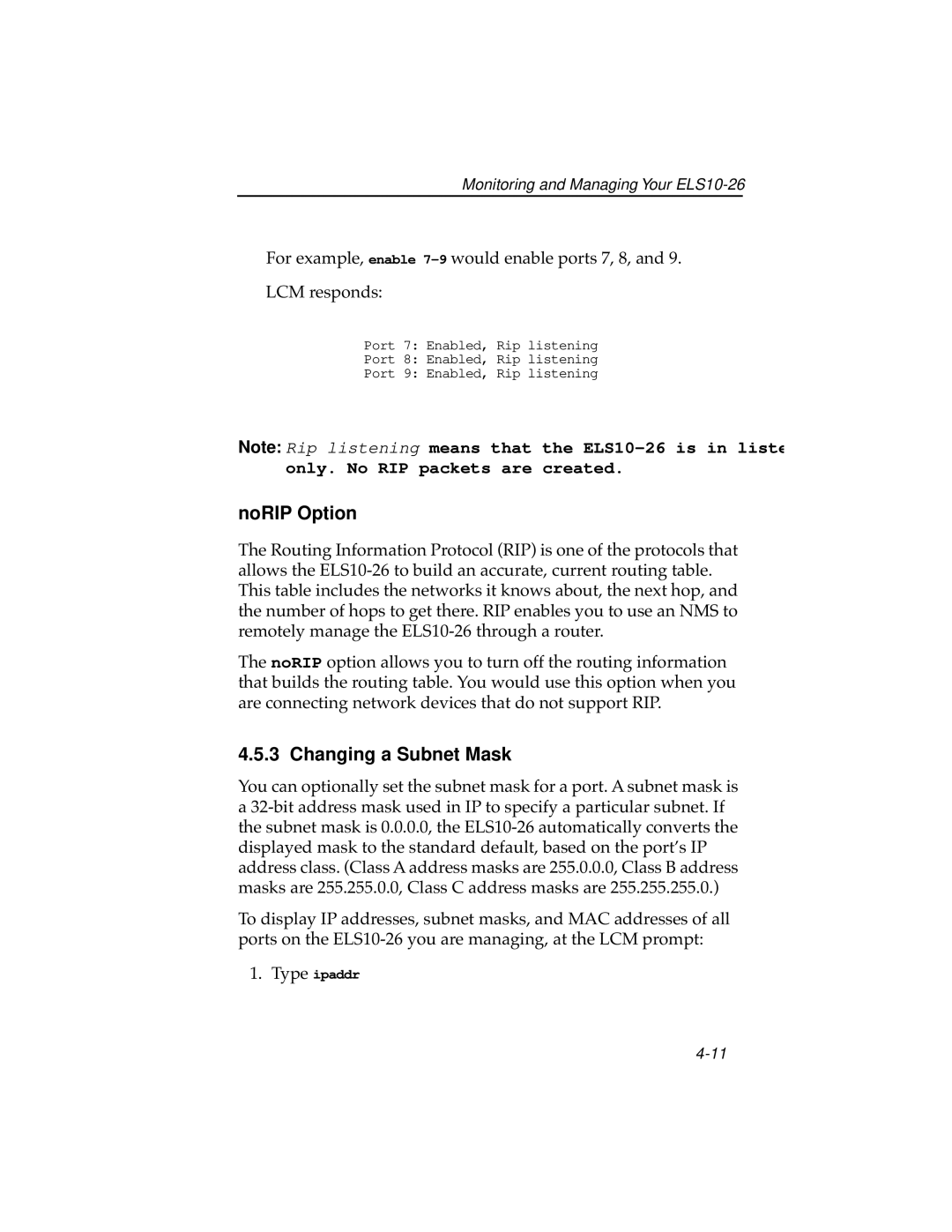 Cabletron Systems ELS10-26TX manual NoRIP Option, Changing a Subnet Mask 