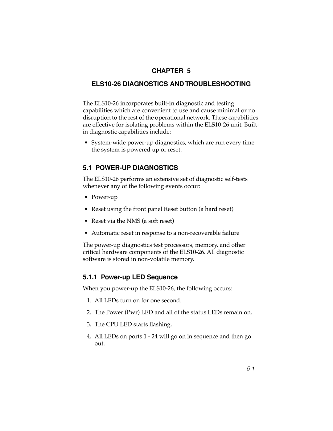 Cabletron Systems ELS10-26TX Chapter ELS10-26 Diagnostics and Troubleshooting, POWER-UP Diagnostics, Power-up LED Sequence 