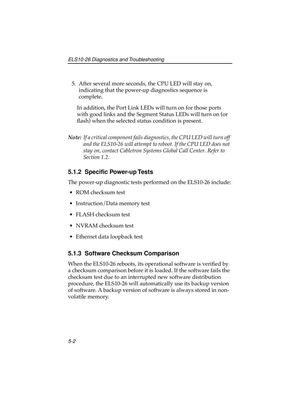 Cabletron Systems ELS10-26TX manual Speciﬁc Power-up Tests, Software Checksum Comparison 