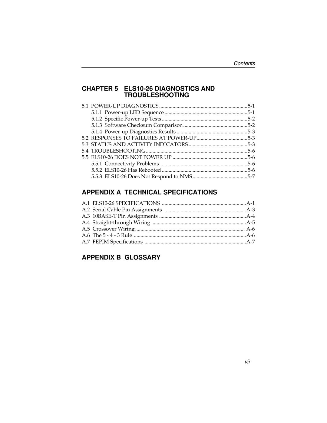 Cabletron Systems ELS10-26TX manual ELS10-26 Diagnostics and Troubleshooting, Appendix a Technical Specifications 