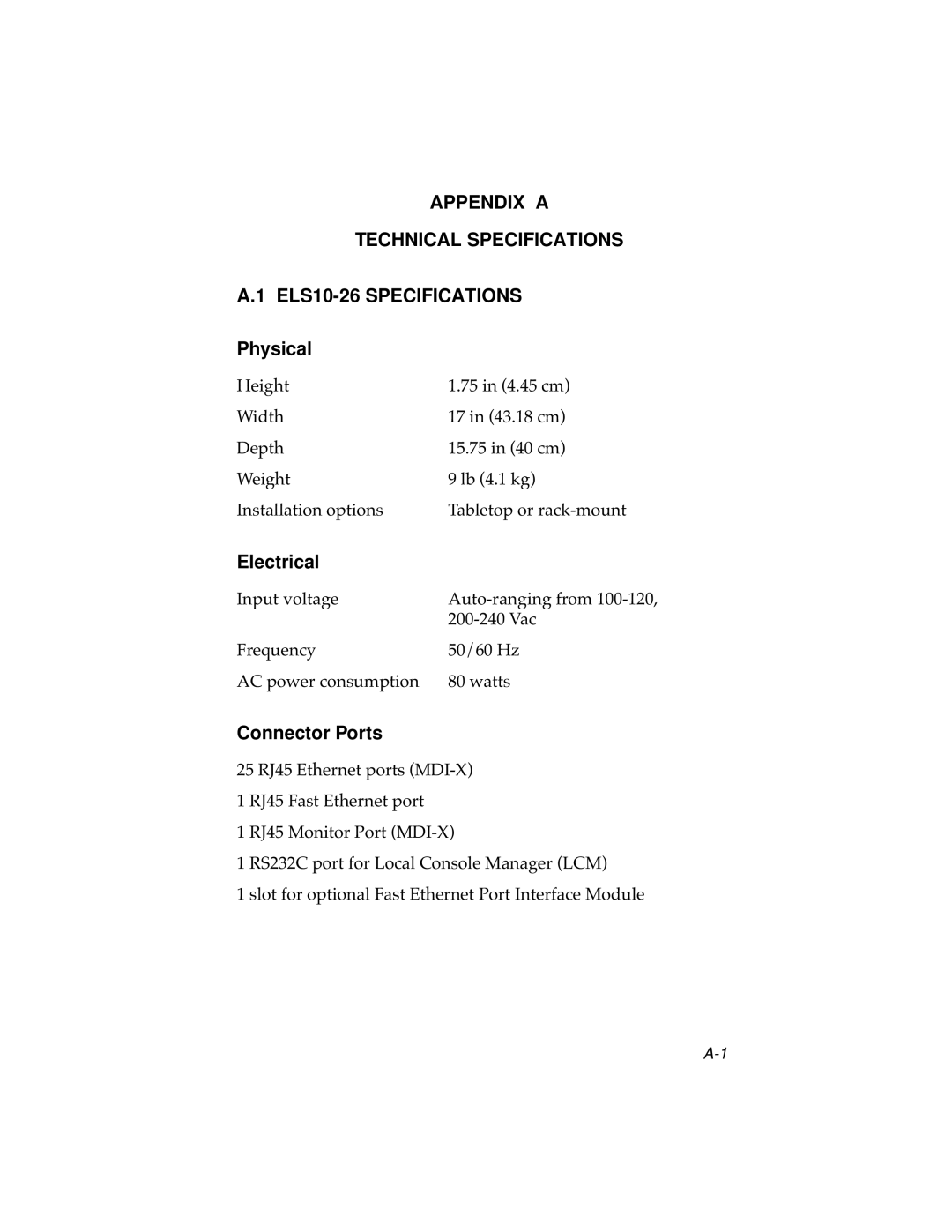 Cabletron Systems ELS10-26TX manual Appendix a Technical Specifications ELS10-26 Specifications, Physical, Electrical 