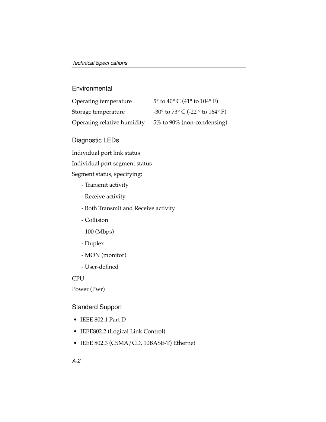 Cabletron Systems ELS10-26TX manual Environmental, Diagnostic LEDs, Standard Support 