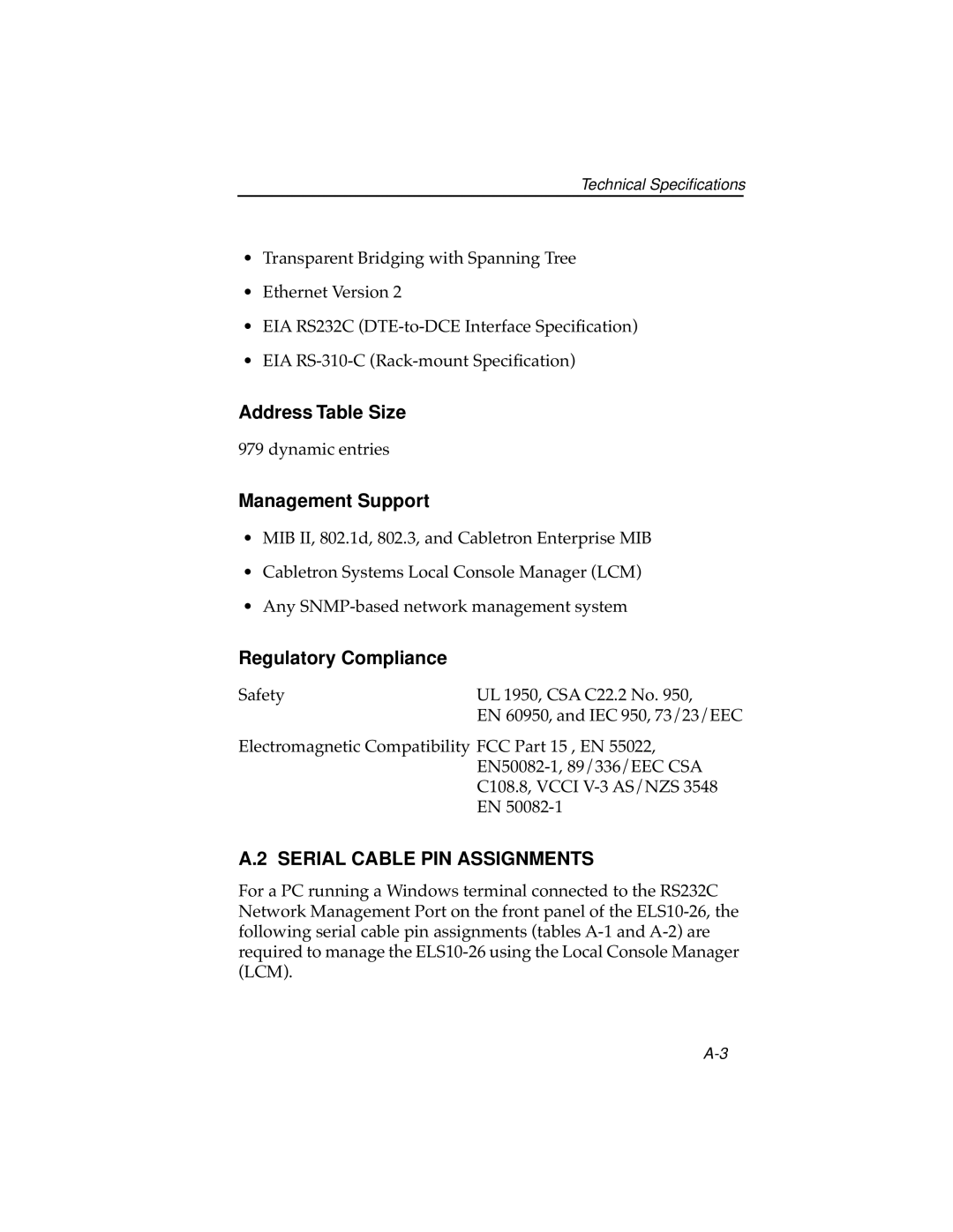 Cabletron Systems ELS10-26TX Address Table Size, Management Support, Regulatory Compliance, Serial Cable PIN Assignments 