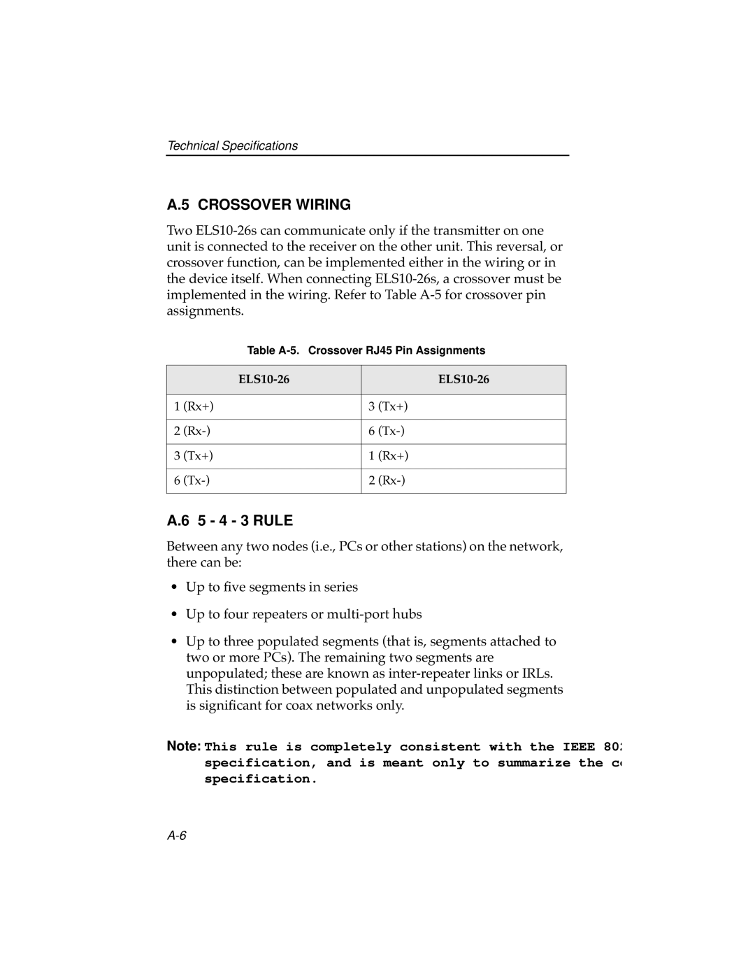 Cabletron Systems ELS10-26TX manual Crossover Wiring, 5 4 3 Rule 