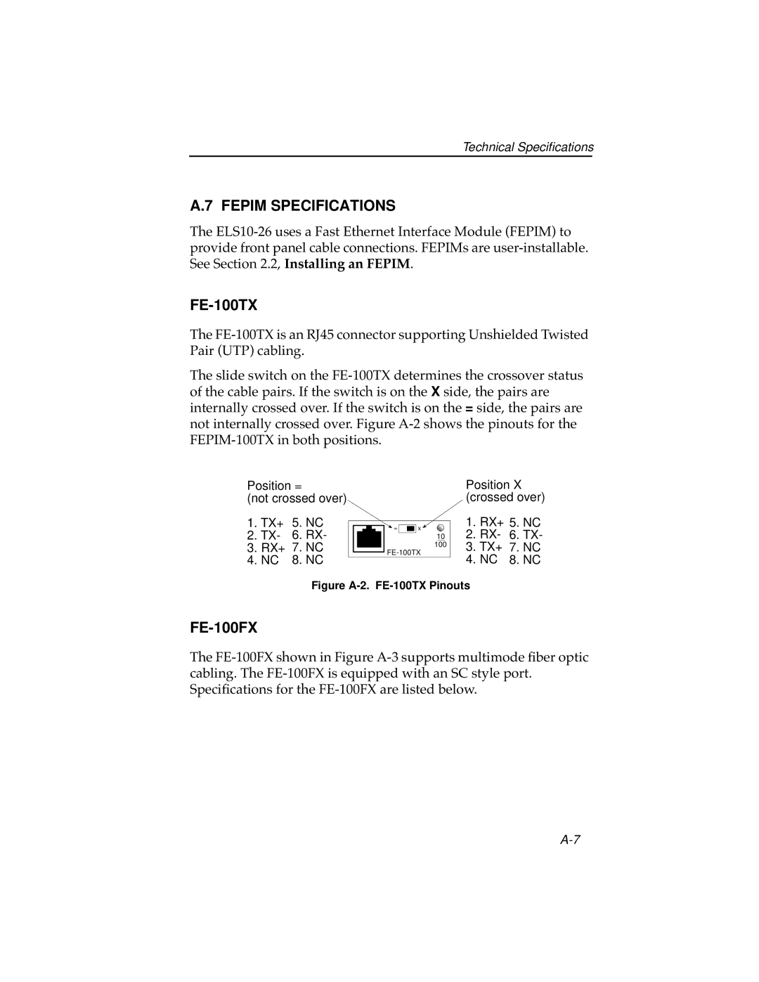 Cabletron Systems ELS10-26TX manual Fepim Specifications, FE-100TX, FE-100FX 