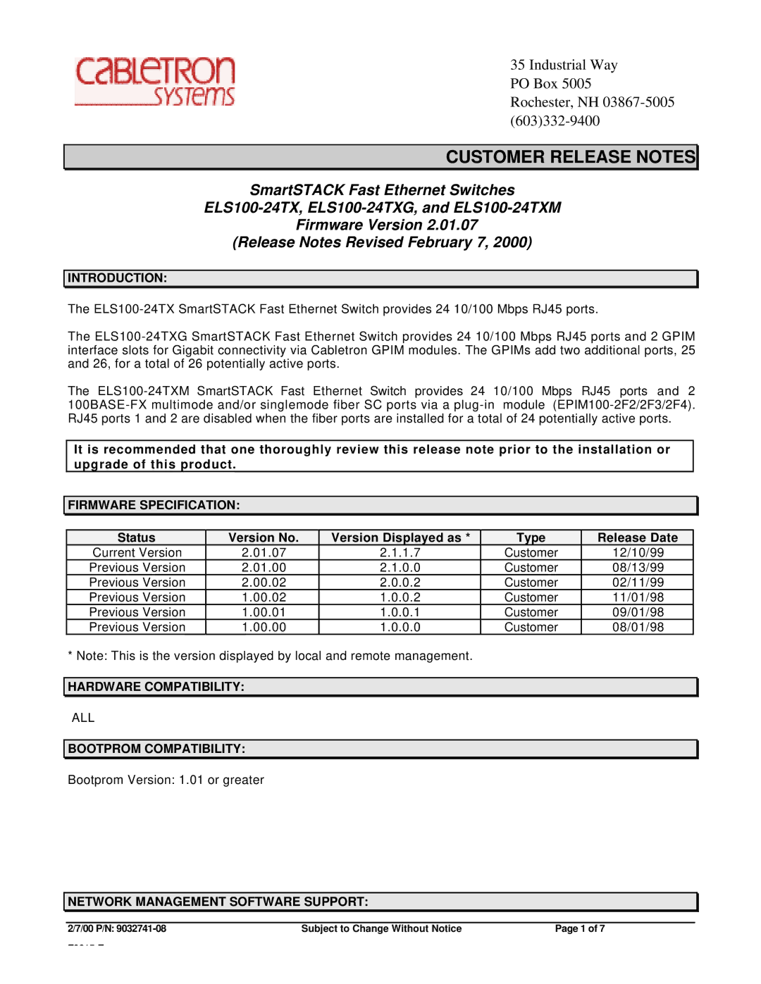 Cabletron Systems ELS100-24TX specifications Introduction, Firmware Specification, Hardware Compatibility 