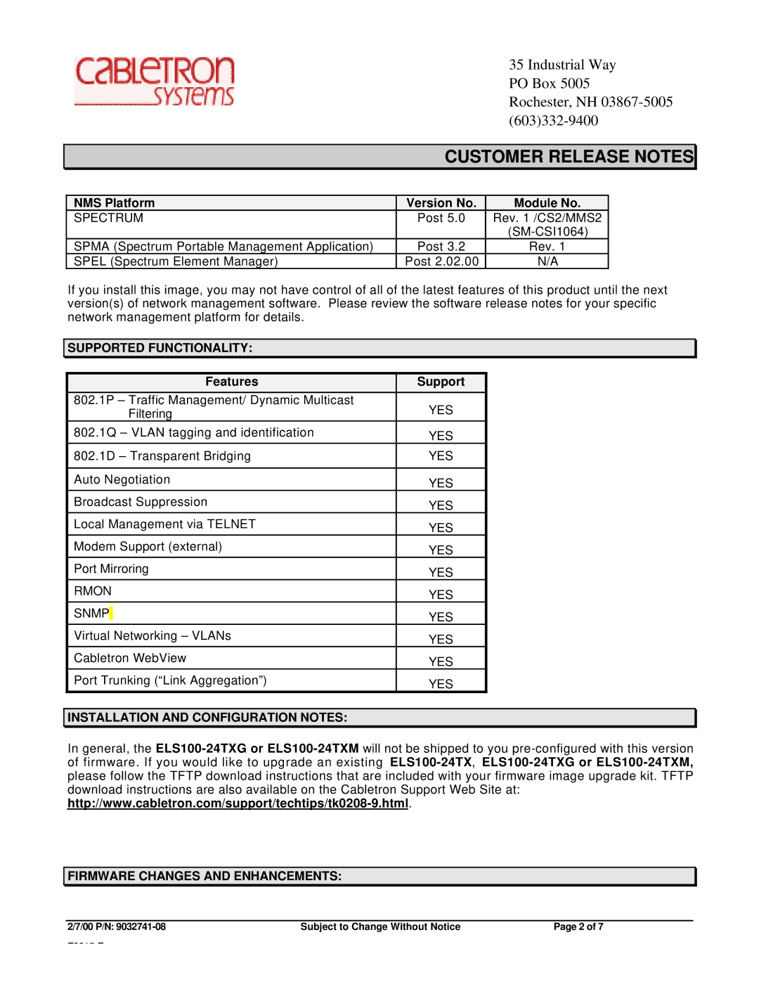 Cabletron Systems ELS100-24TX specifications NMS Platform Version No Module No, Supported Functionality, Features Support 