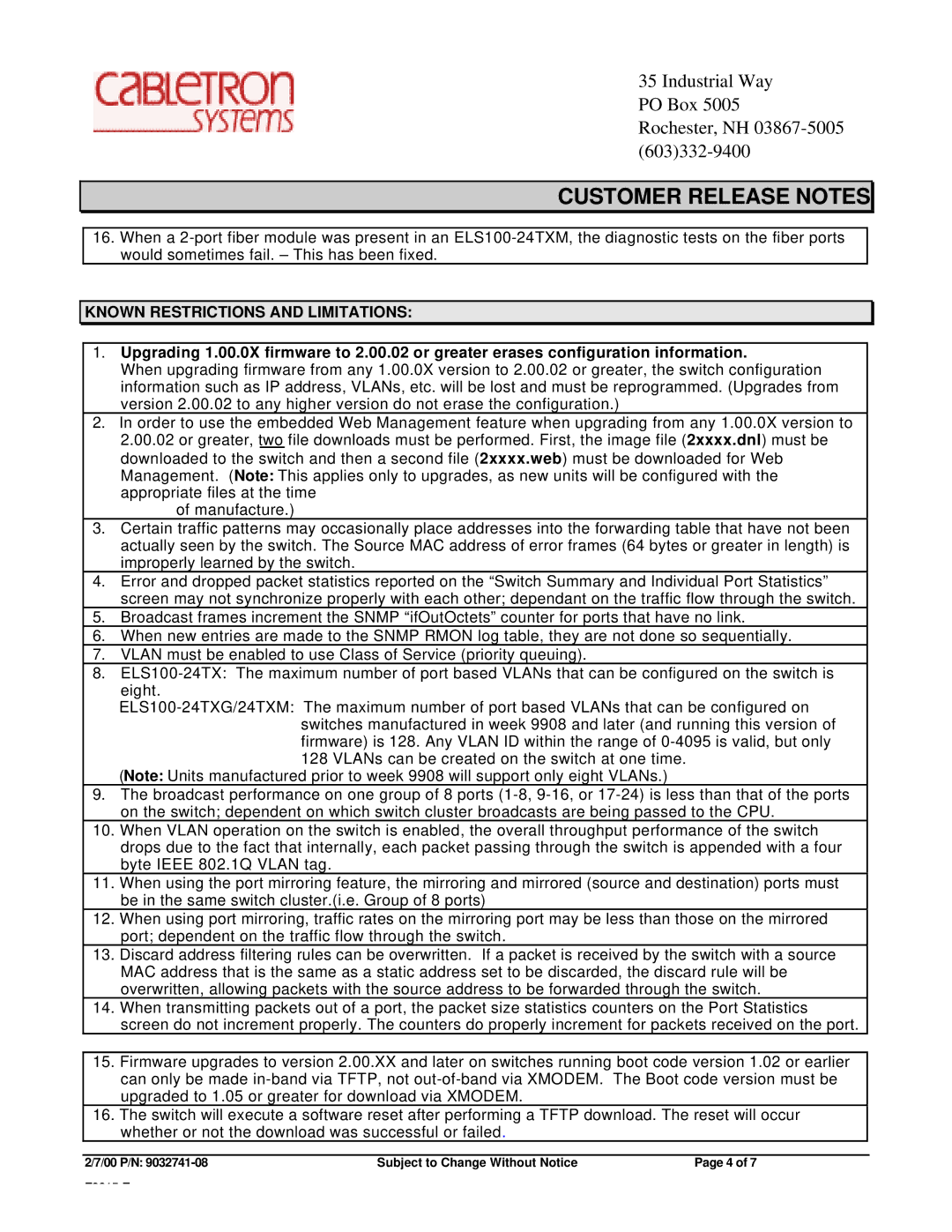 Cabletron Systems ELS100-24TX specifications Known Restrictions and Limitations 