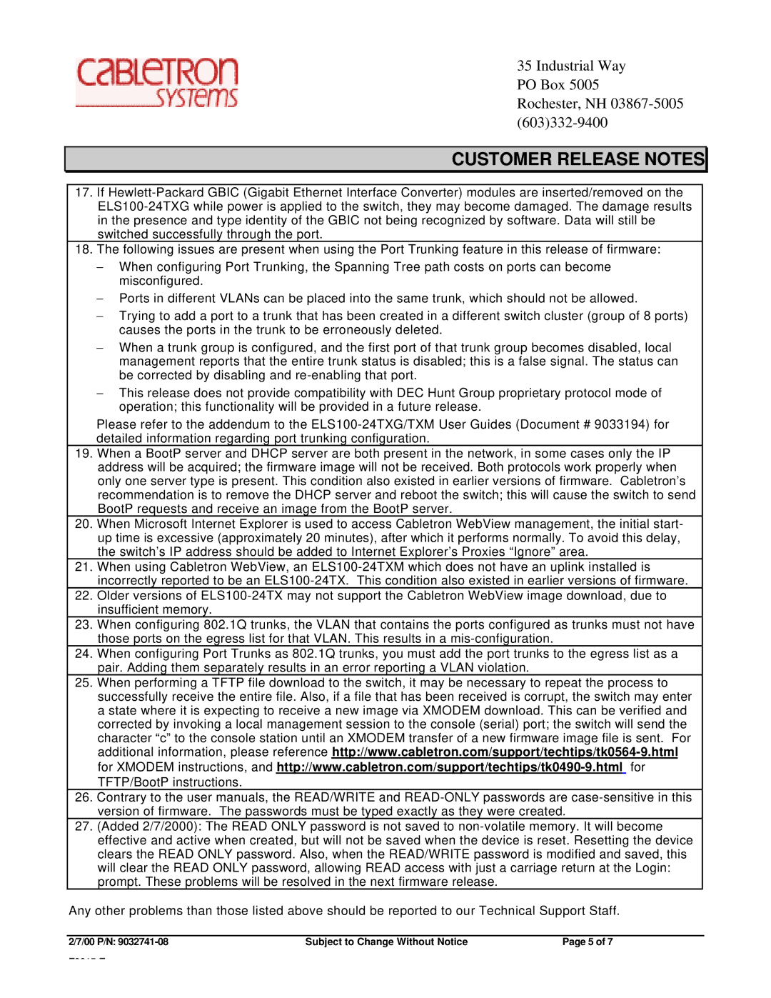 Cabletron Systems ELS100-24TX specifications Customer Release Notes 