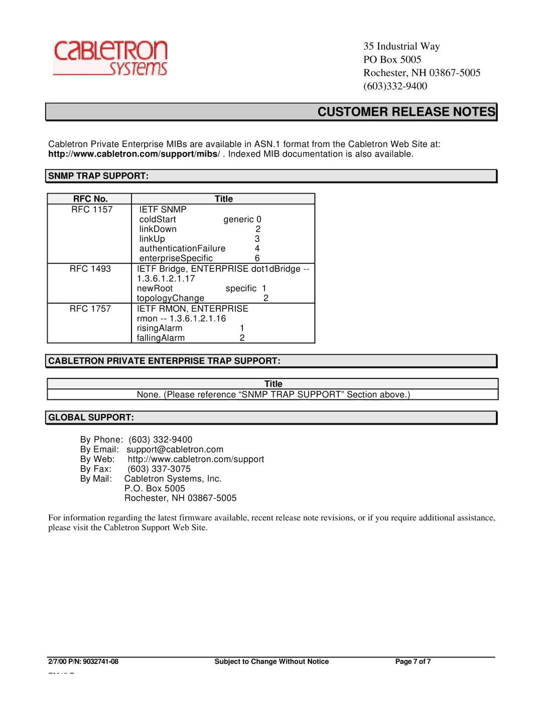 Cabletron Systems ELS100-24TX Snmp Trap Support, RFC No Title, Cabletron Private Enterprise Trap Support, Global Support 