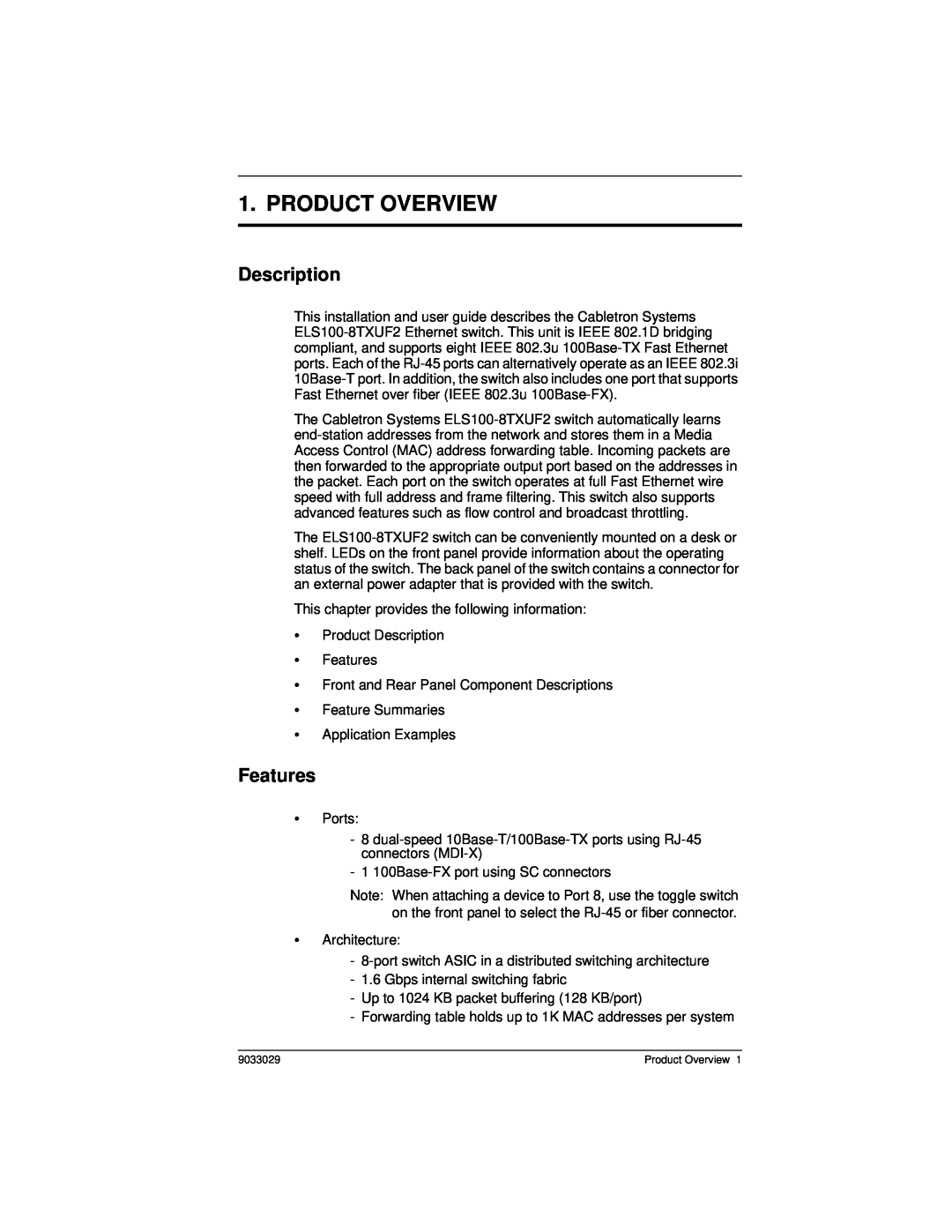 Cabletron Systems ELS100-8TXUF2 manual Product Overview, Description, Features 
