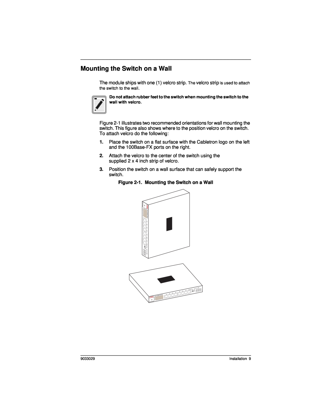 Cabletron Systems ELS100-8TXUF2 manual 1. Mounting the Switch on a Wall 