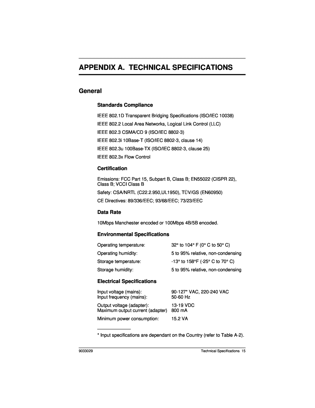 Cabletron Systems ELS100-8TXUF2 manual Appendix A. Technical Specifications, General, Standards Compliance, Certification 