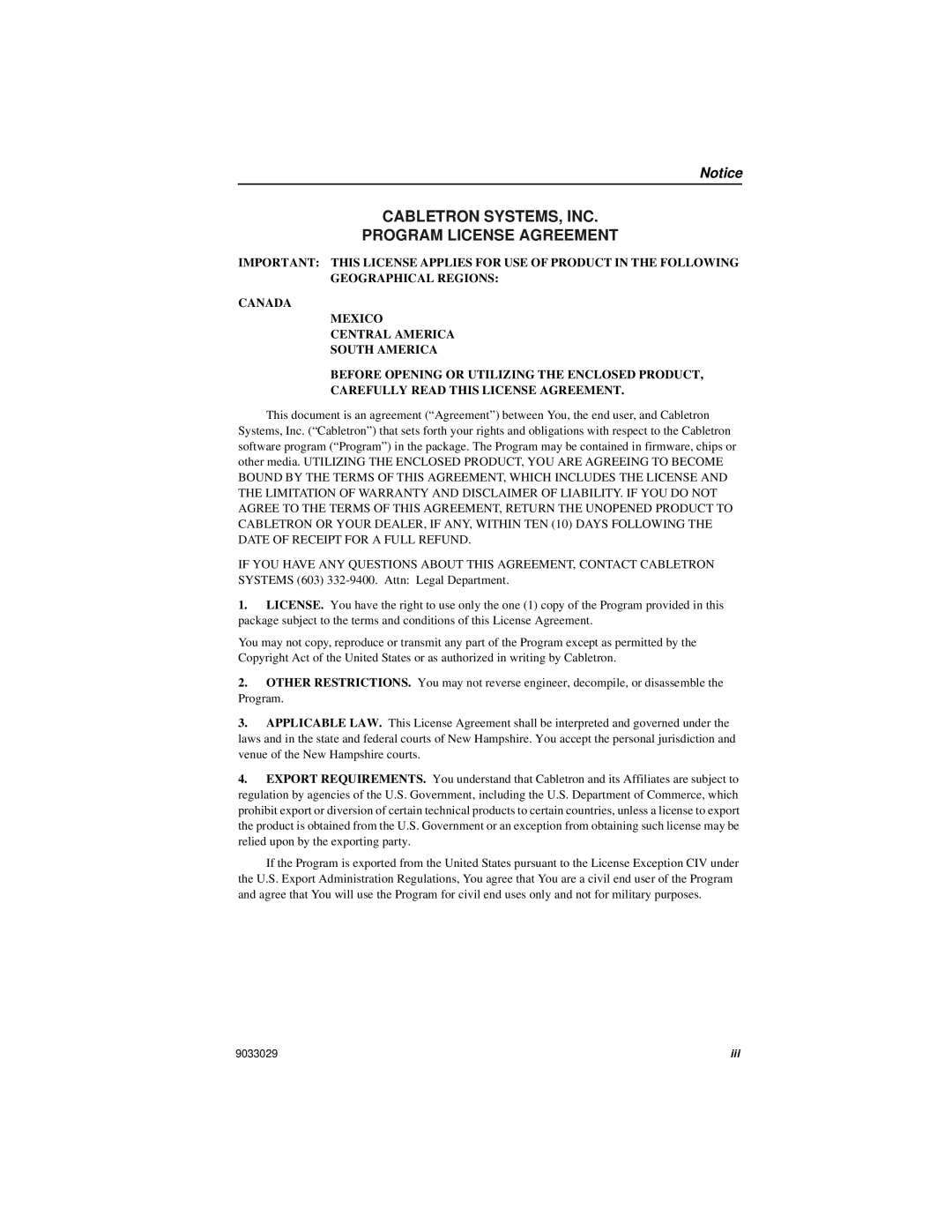 Cabletron Systems ELS100-8TXUF2 Cabletron Systems, Inc Program License Agreement, Carefully Read This License Agreement 