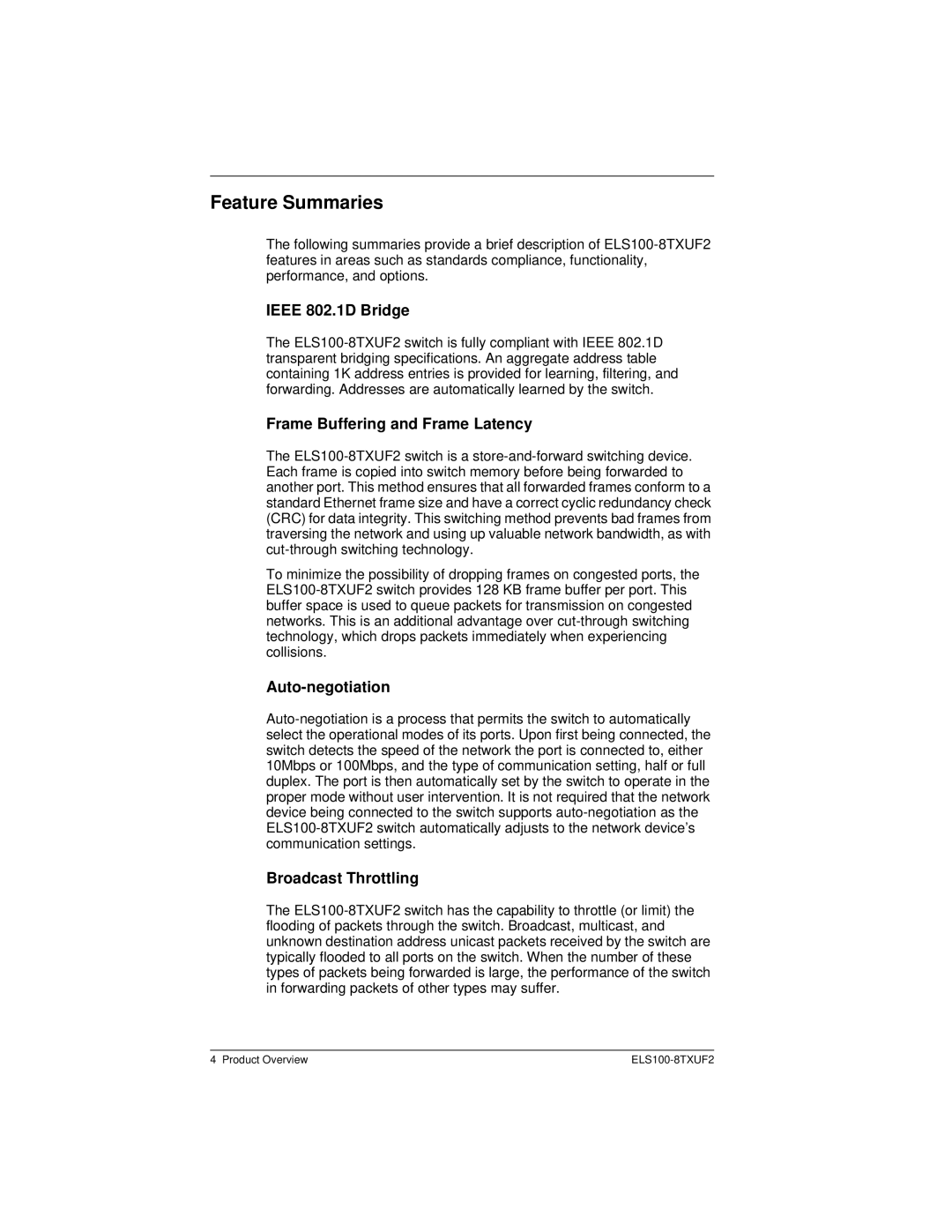 Cabletron Systems ELS100-8TXUF2 Feature Summaries, Ieee 802.1D Bridge, Frame Buffering and Frame Latency, Auto-negotiation 