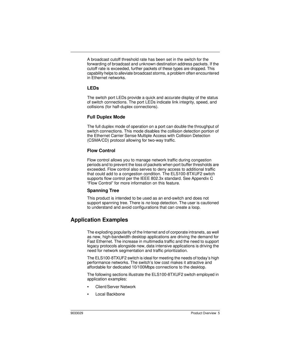 Cabletron Systems ELS100-8TXUF2 manual Application Examples, LEDs, Full Duplex Mode, Flow Control, Spanning Tree 