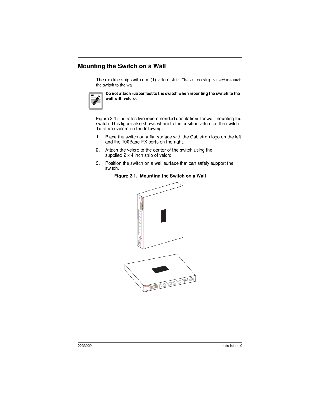 Cabletron Systems ELS100-8TXUF2 manual Mounting the Switch on a Wall 