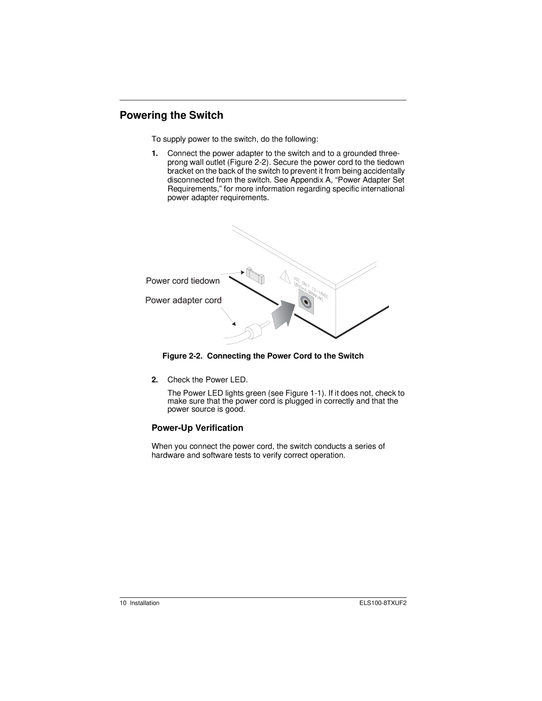 Cabletron Systems ELS100-8TXUF2 manual Powering the Switch, Power-Up Verification 