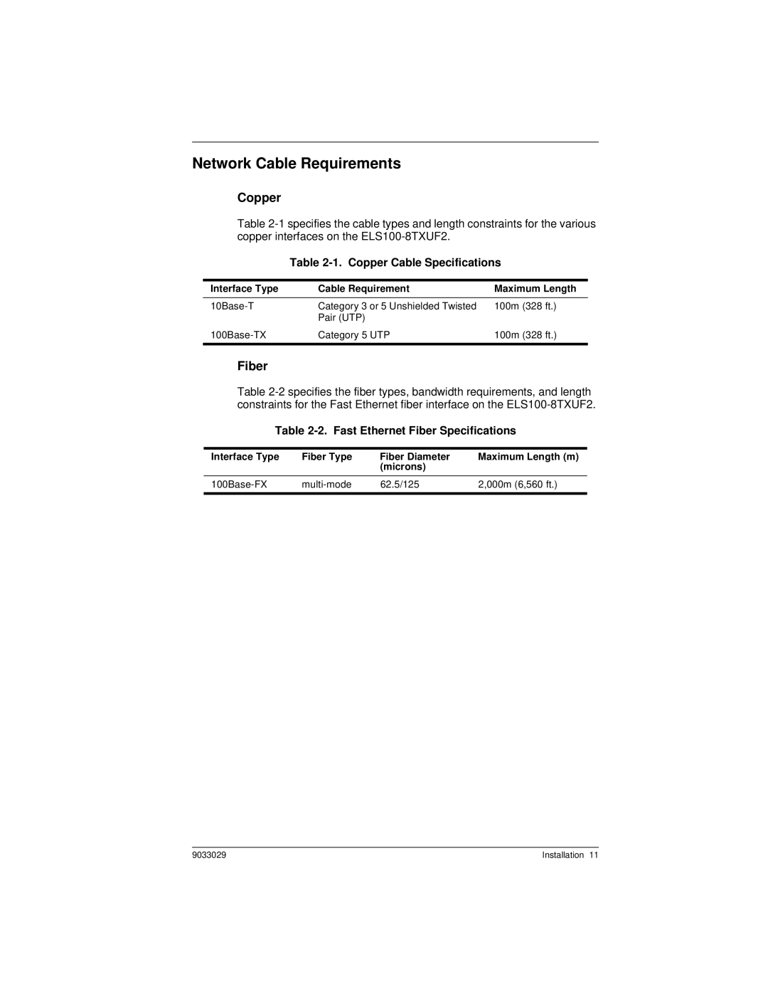 Cabletron Systems ELS100-8TXUF2 manual Network Cable Requirements, Copper, Fiber 