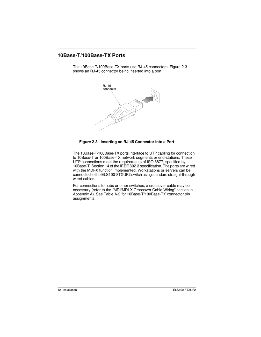 Cabletron Systems ELS100-8TXUF2 manual 10Base-T/100Base-TX Ports, Inserting an RJ-45 Connector into a Port 