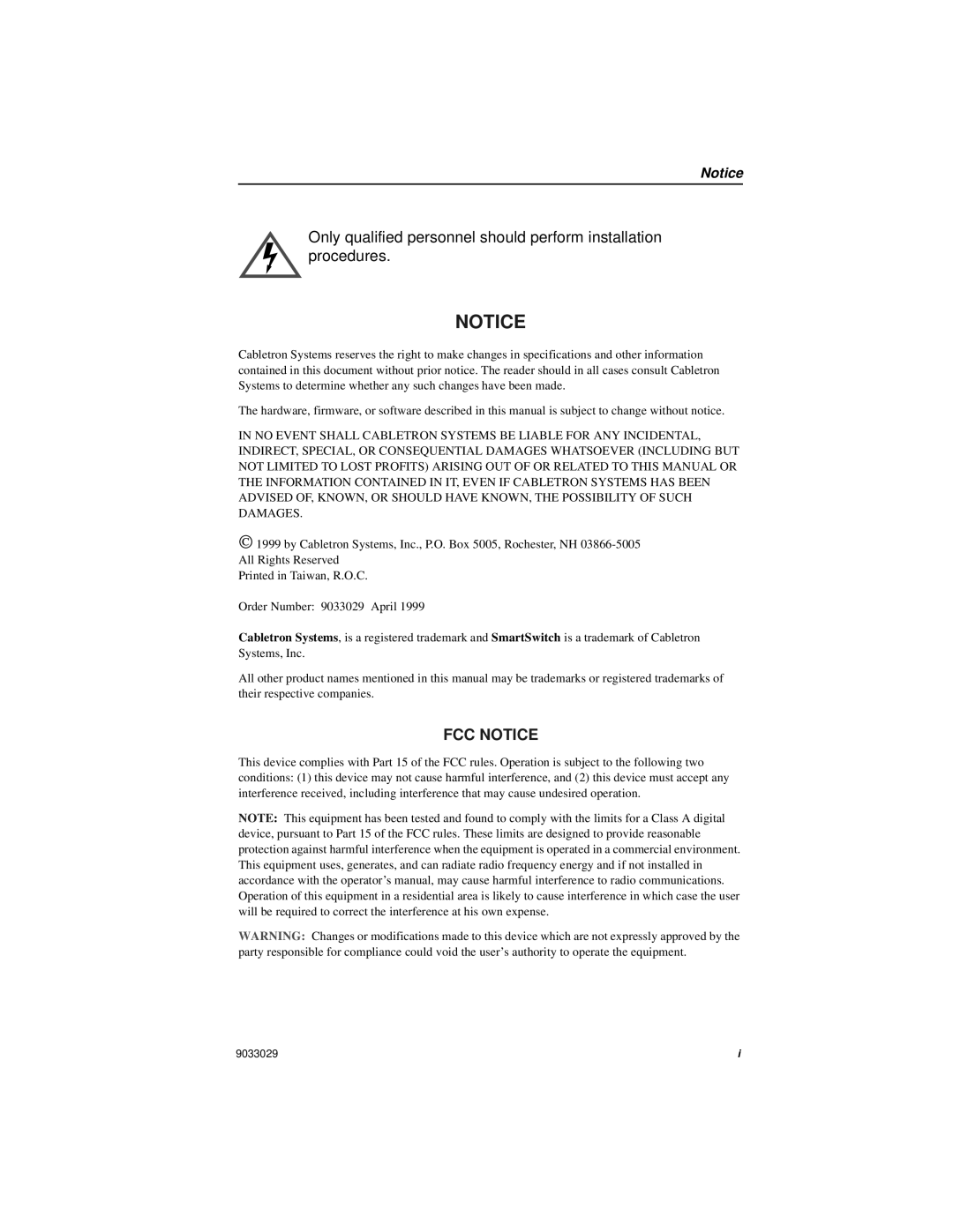 Cabletron Systems ELS100-8TXUF2 manual FCC Notice 